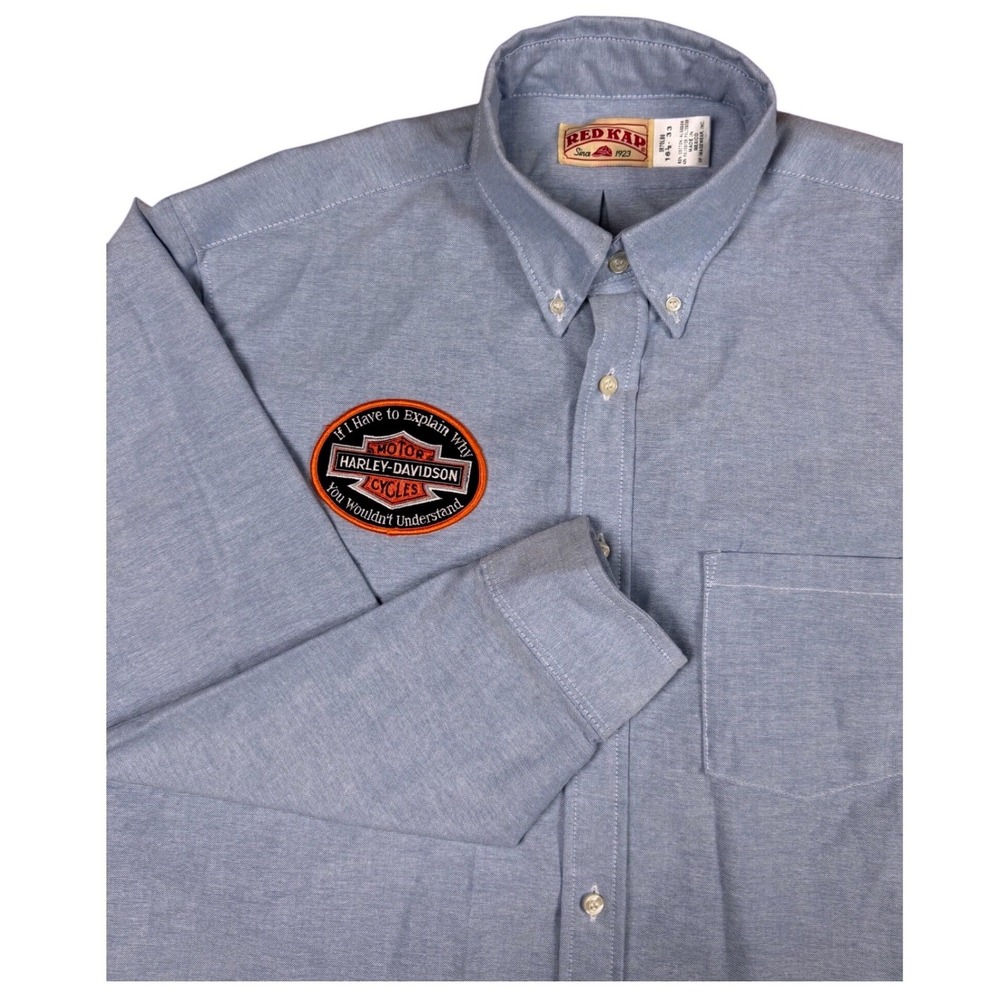 Red‎ Kap Button Down Shirt Mens 16.5-33 Blue Harley Davidson Patch SR70LB6